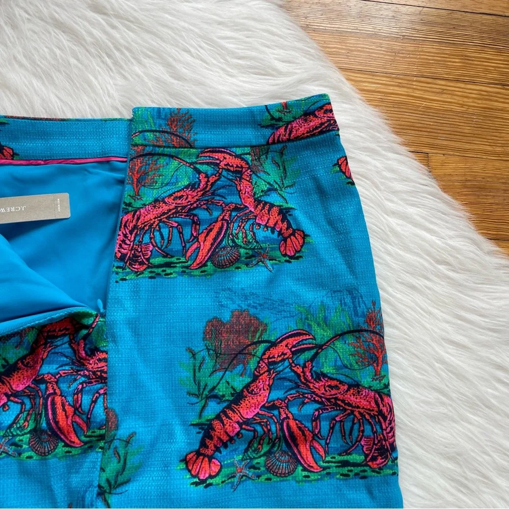 J. Crew Turquoise Blue Pencil Skirt with Coral Lobster Print